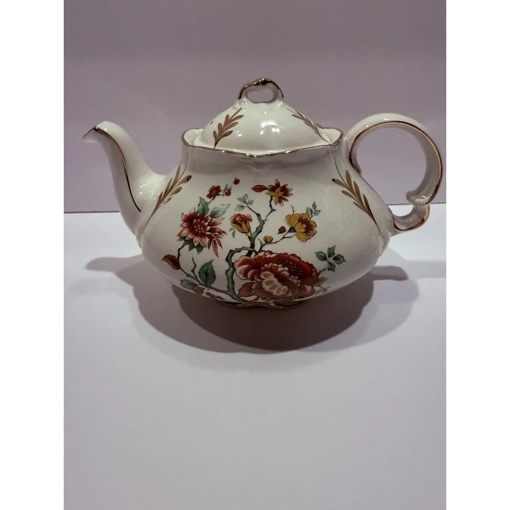 Ellgreave Wood & Sons Floral Teapot Ironstone England Vintage Gold Trim